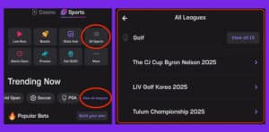 A visual representation of how Hard Rock Bet users can locate golf betting markets on the mobile app.